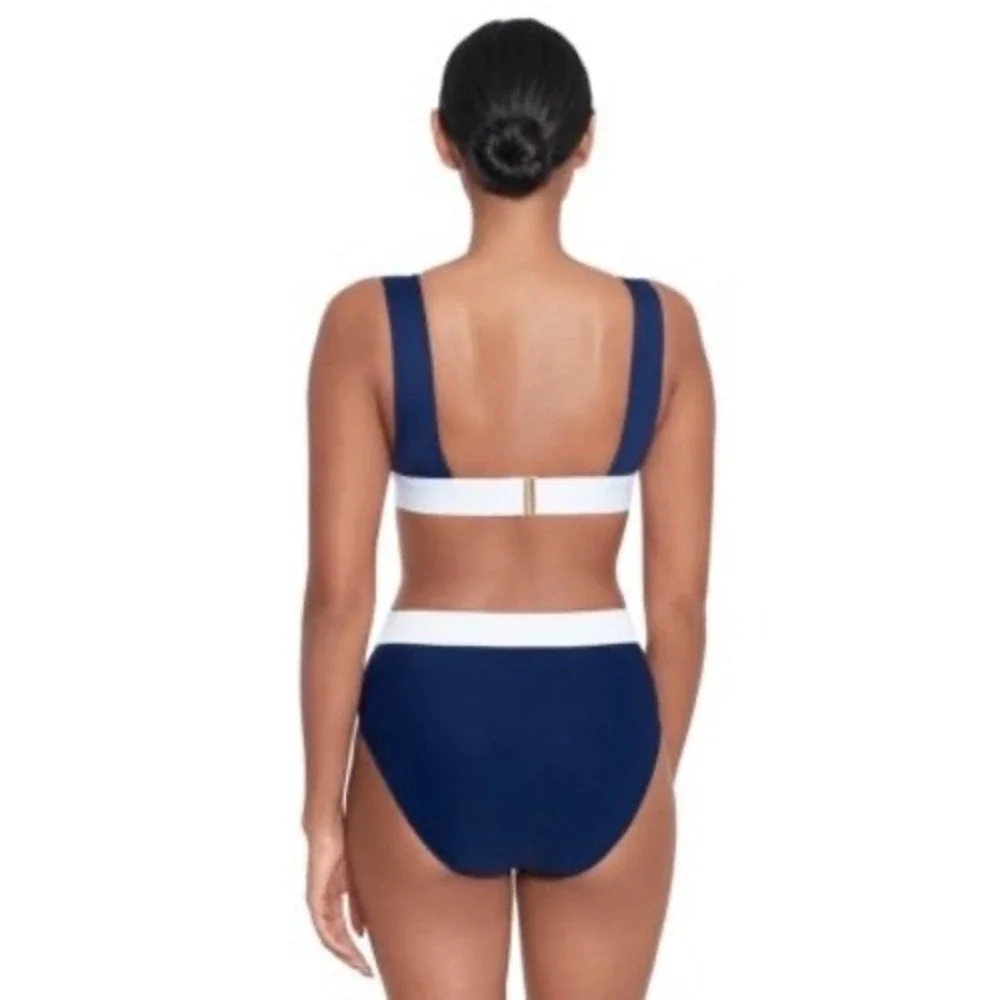 Lauren Ralph Lauren Womens Navy Blue White Bikini Set High Waist Swimsuit Sz 6